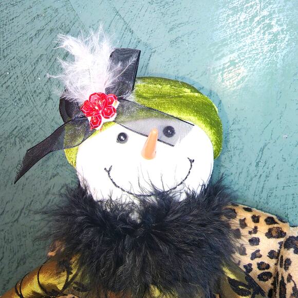 Snow Lady Plush Doll Green Floral Dress Velvet Hat Feather Collar Holiday Decor - Picture 3 of 6